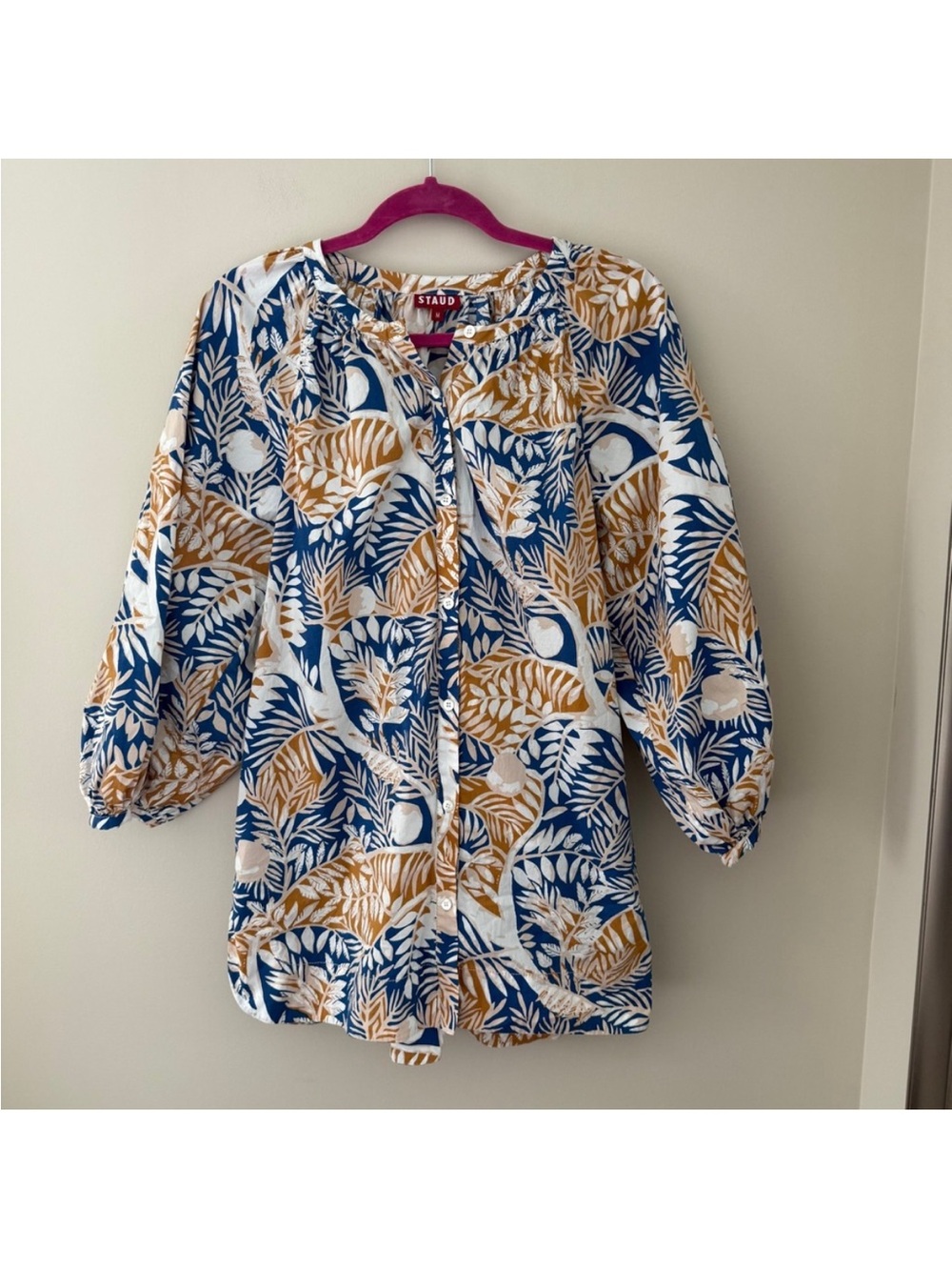 STAUD Blue, Mustard and White Leaf-Print Button-Front Shirt